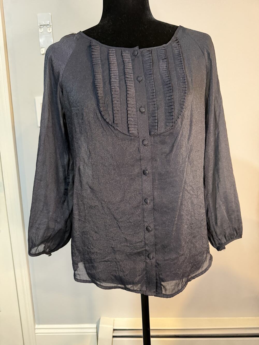 The Limited Small Metallic Charcoal Shimmer Pleated Bib Button Blouse